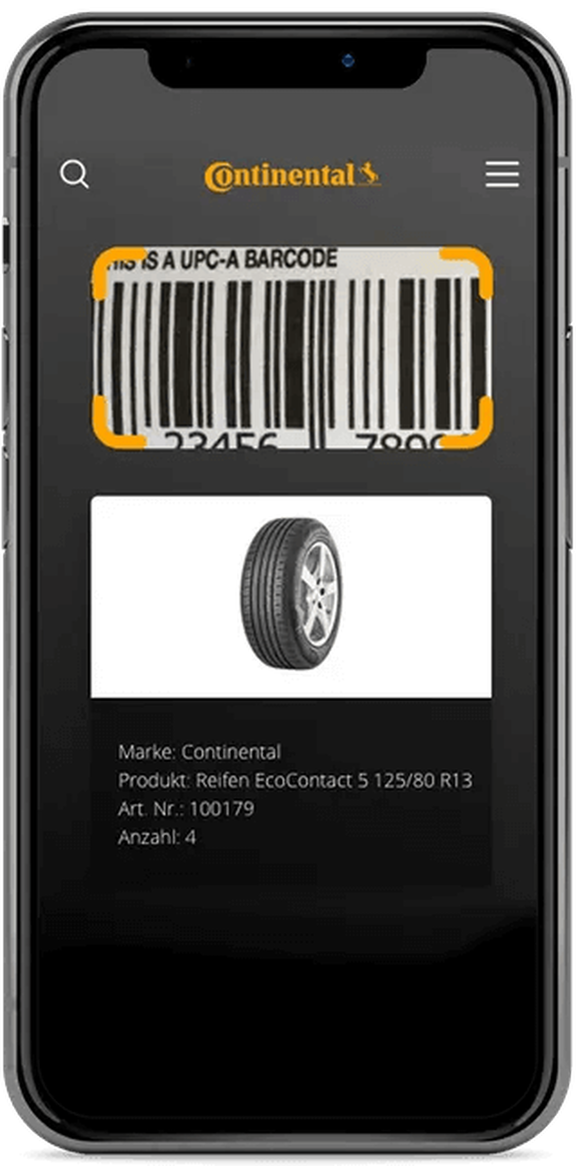 Reifen-Barcode scannen im Prototyp der Continental App