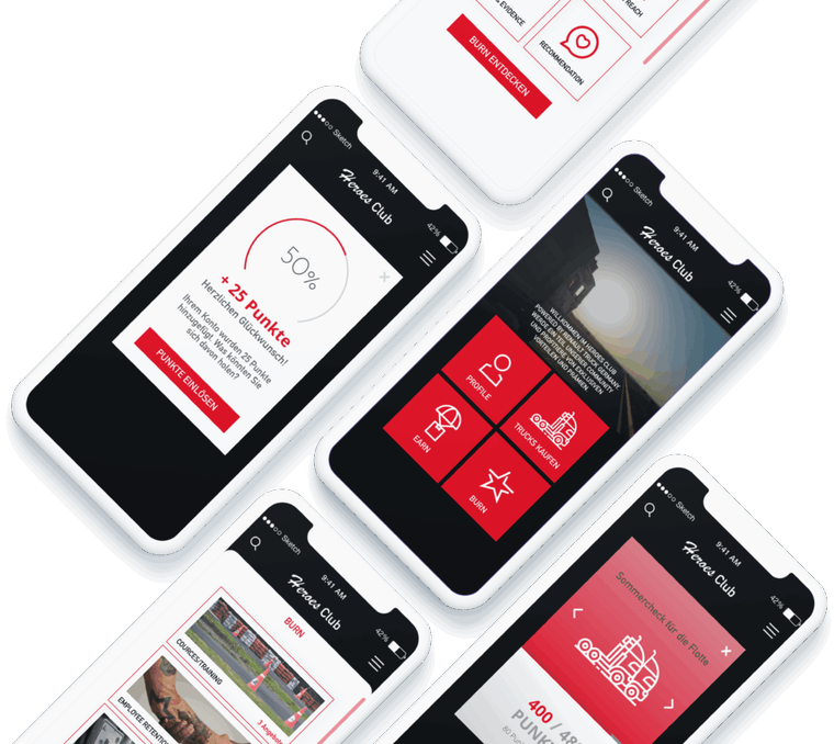 Mehrere Mockups der Renault Trucks Fan-App in einer Übersicht