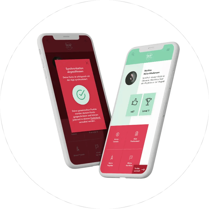 Loyalty-Programme App-Mockup: zwei Smartphones mit Profil, Fortschritt und Belohnungs-Icons