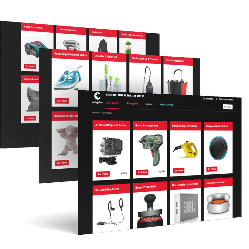 Prämienshop mit Produktraster und roten Labels