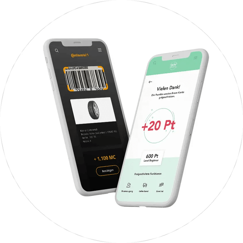 Loyalty-Plattform: App mit Barcode-Scanner und Punkteprämien auf zwei Smartphones