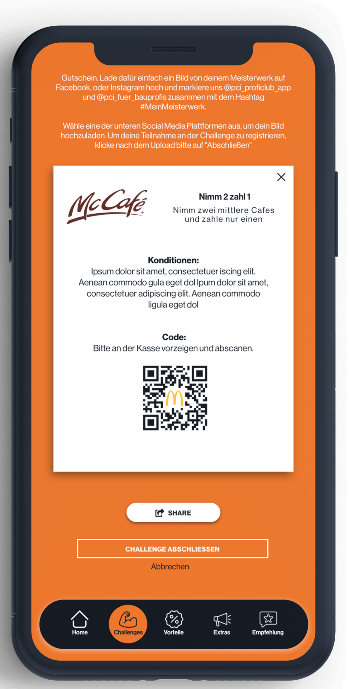 Gutschein in der Smartphone-App mit QR-Code und Einlöse-Button