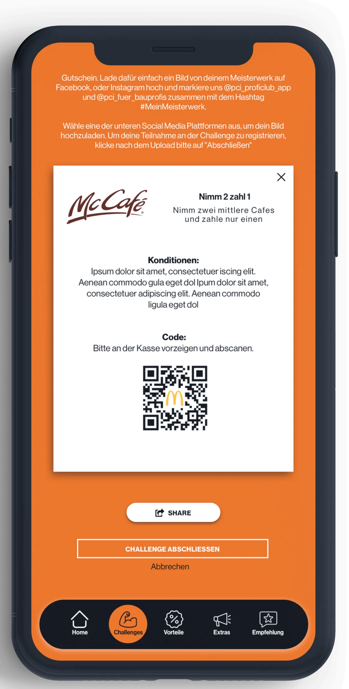 Gutschein in der Smartphone-App mit QR-Code und Einlöse-Button