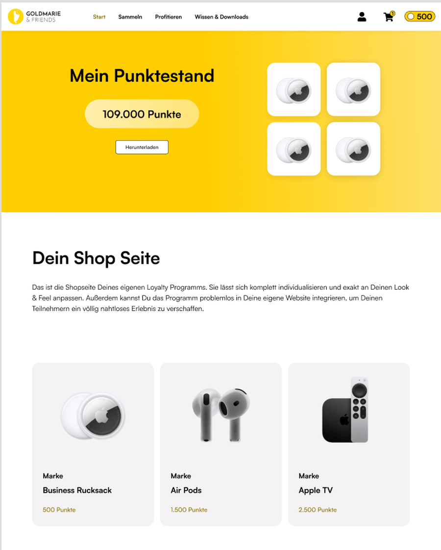 Loyalty-Programm-Oberfläche mit verschiedenen Optionen und Benutzerinformationen