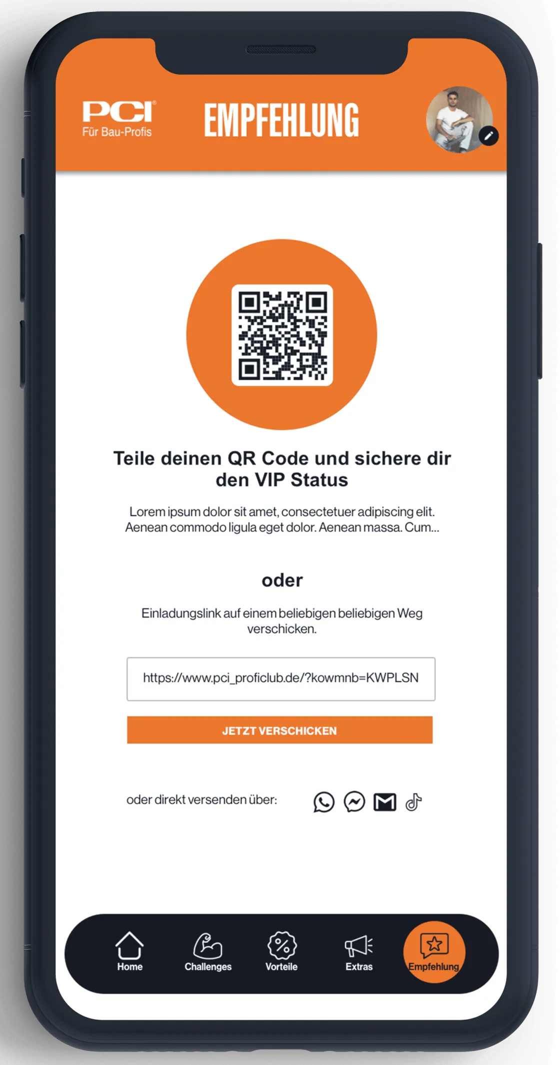 Smartphone-Ansicht: QR-Code und Freigabelink für Empfehlung