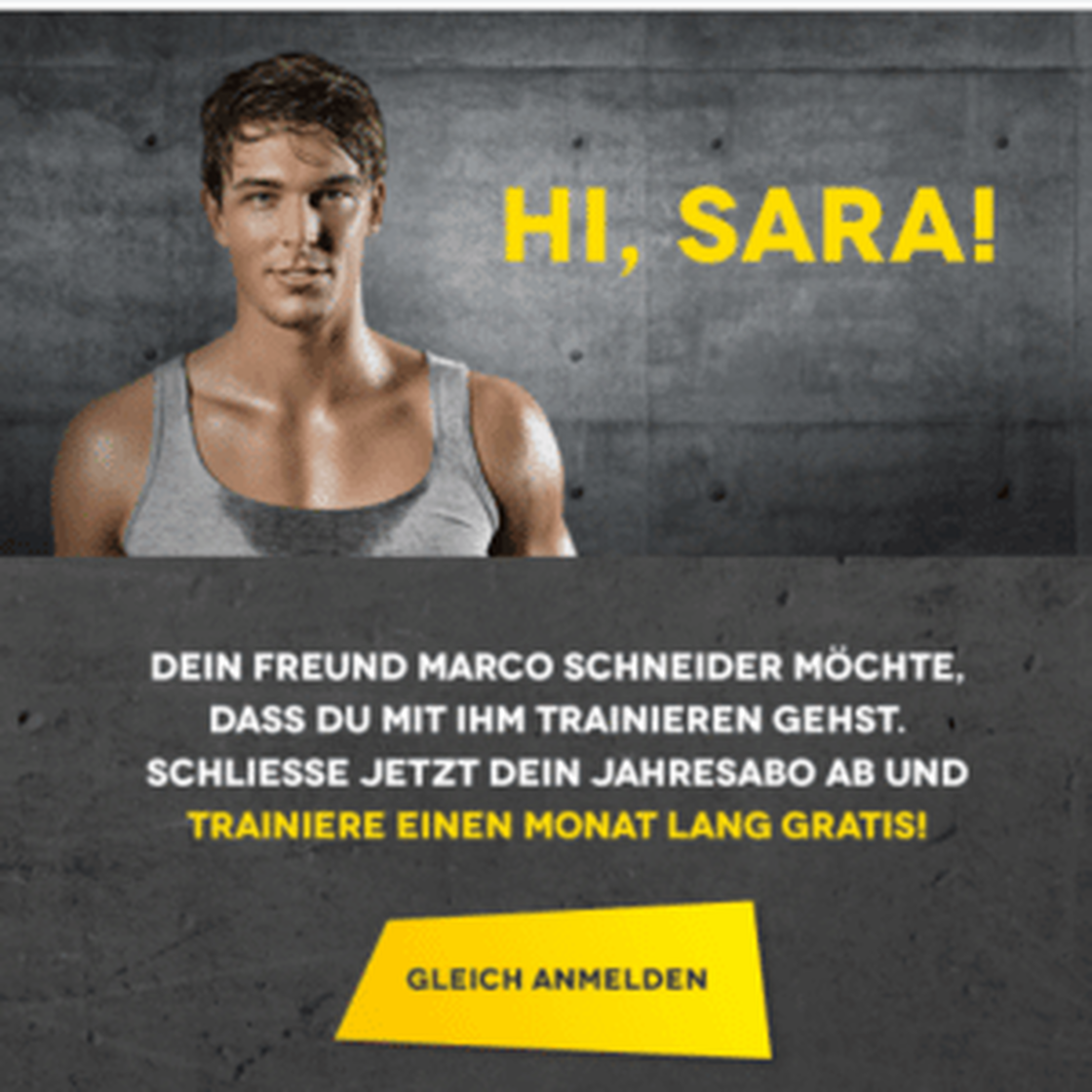 Personalisierte Fitnessstudio-Einladung: Marco lädt Sara zu 1 Monat gratis Training ein