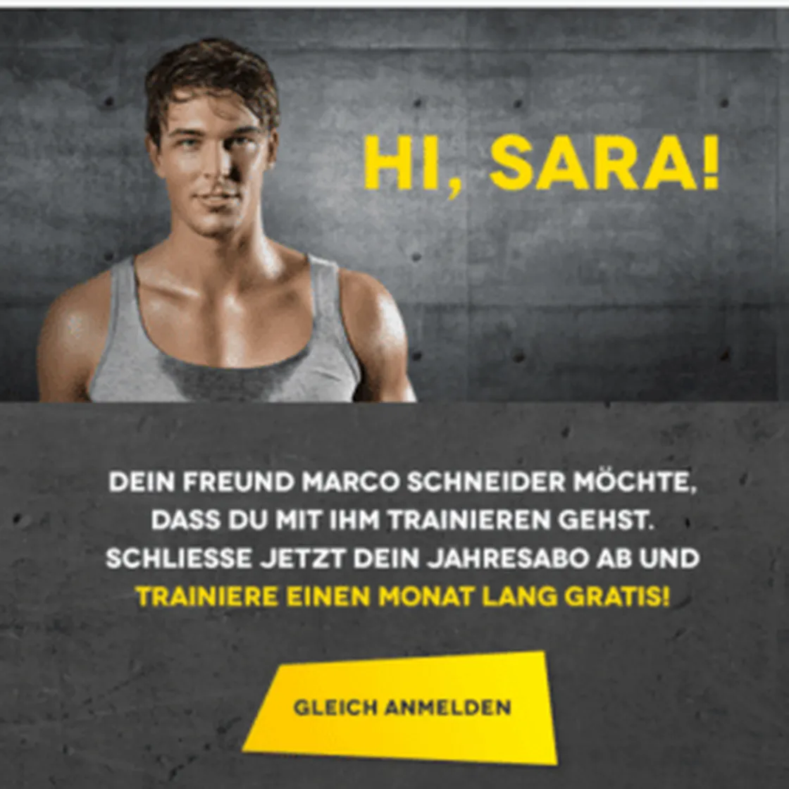 Personalisierte Fitnessstudio-Einladung: Marco lädt Sara zu 1 Monat gratis Training ein