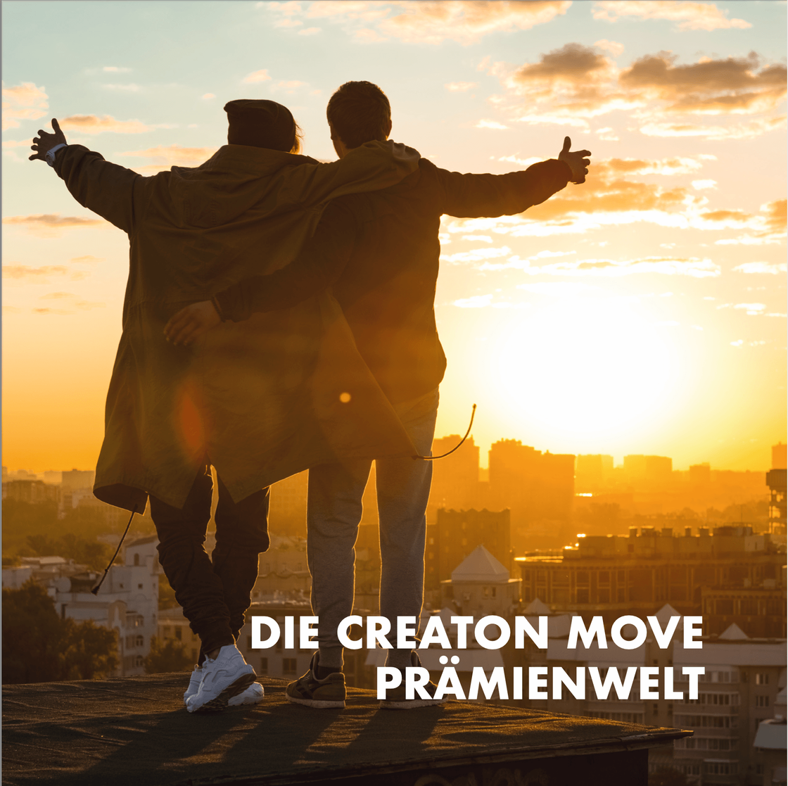 Broschüre: zwei Personen auf dem Dach bei Sonnenuntergang