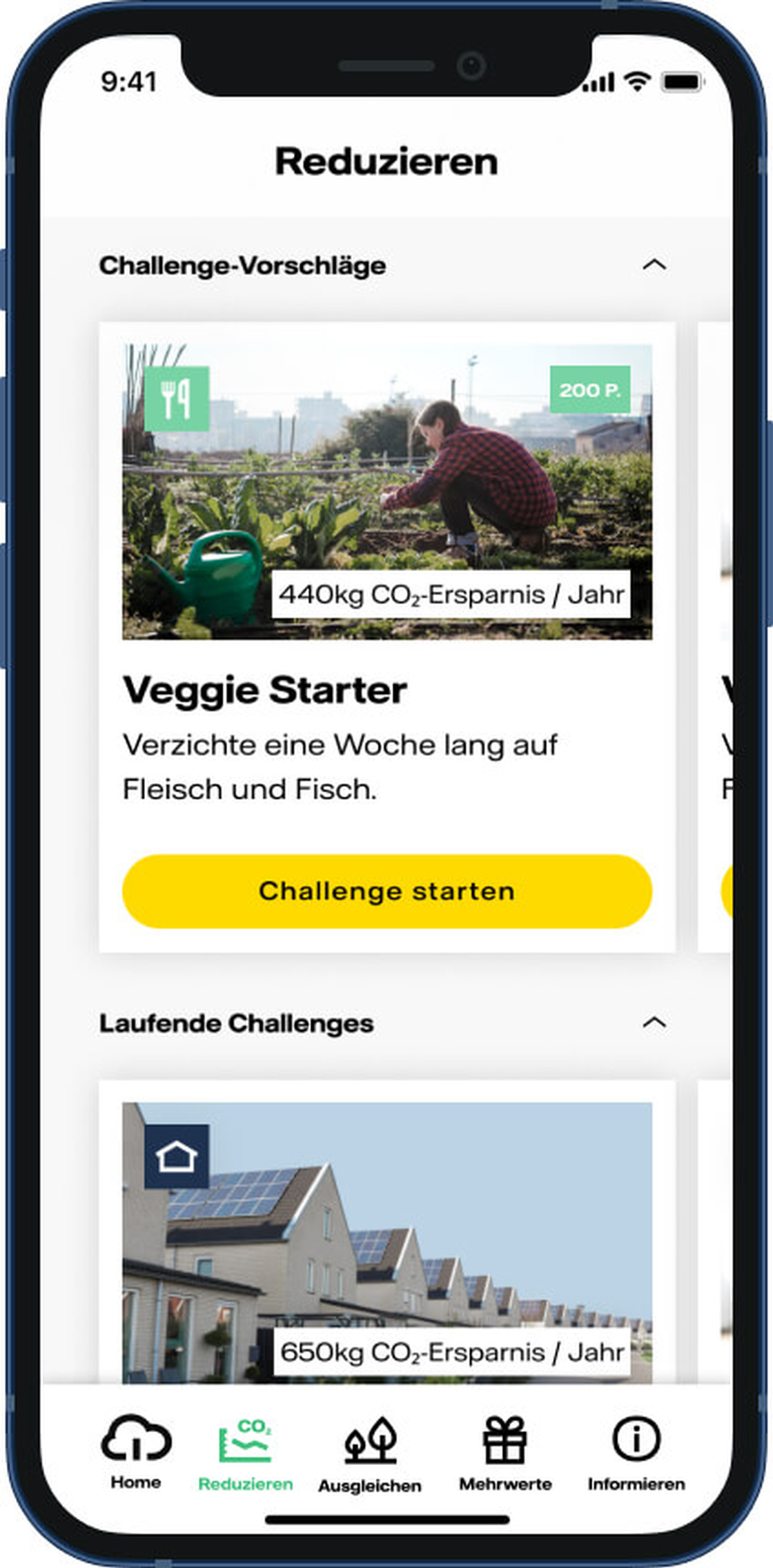 Naturate-App: Reduzieren-Screen mit der CO2-Challenge Veggie Starter auf dem Smartphone