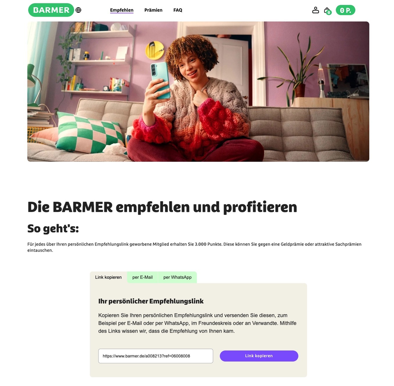 Bereich Empfehlen von BARMER empfehlen mit 3.000 Punkten pro Empfehlung und persönlichem Empfehlungslink