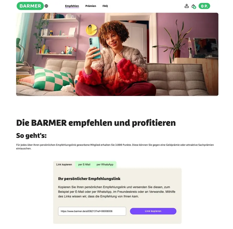 Bereich Empfehlen von BARMER empfehlen mit 3.000 Punkten pro Empfehlung und persönlichem Empfehlungslink