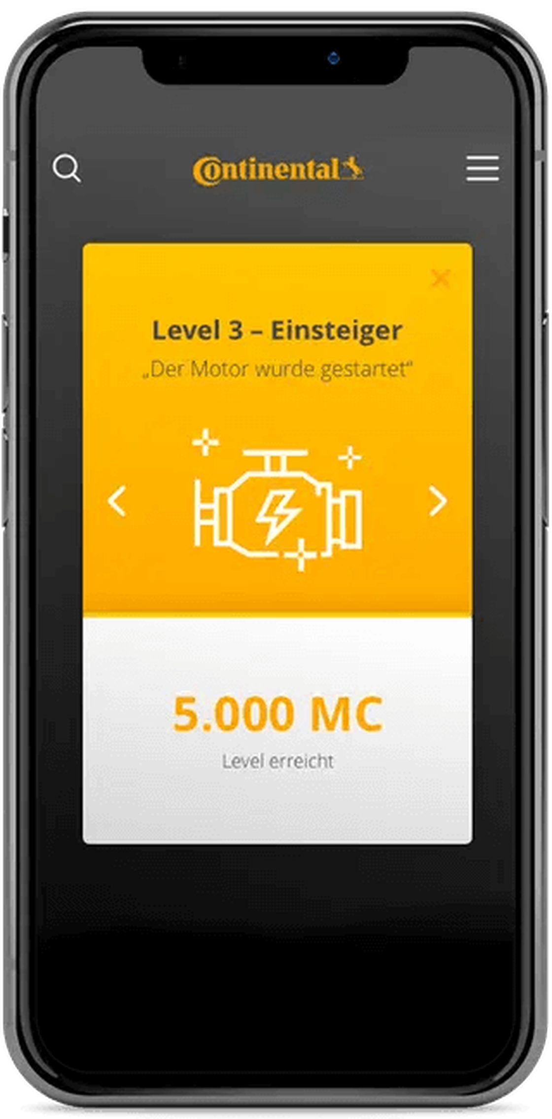 Prototyp-Screen: Level 3 erreicht, 5.000 MC Punkte