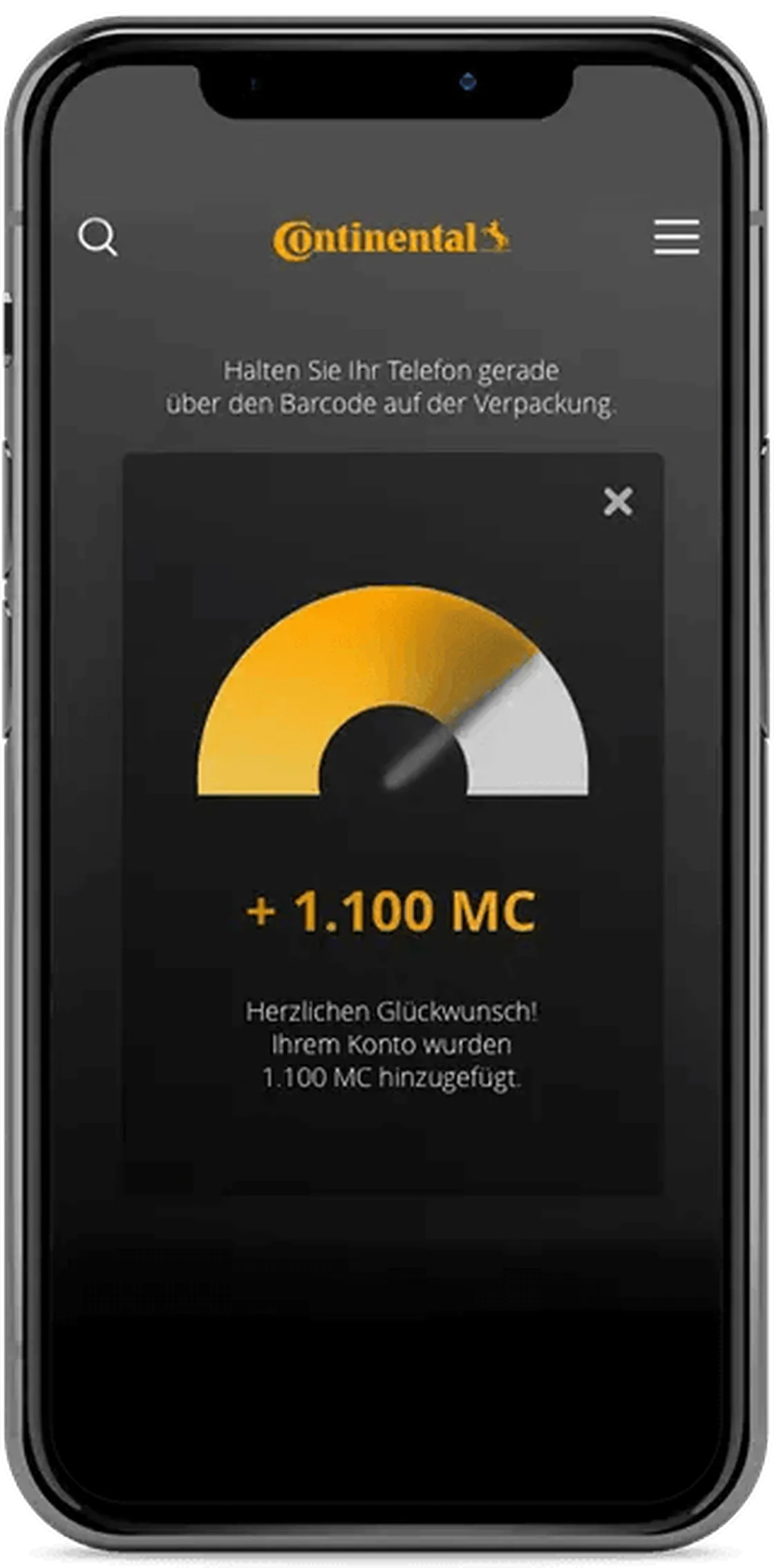 Prototyp-Screen: Gutschrift von 1.100 MC
