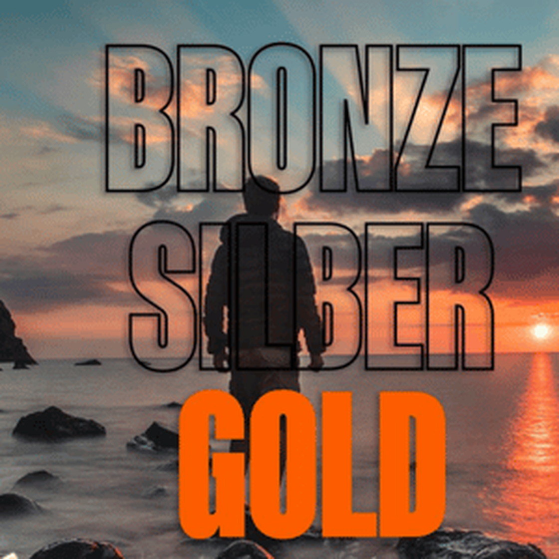 Sonnenuntergang mit Silhouette am Meer, Typografie BRONZE, SILBER, GOLD