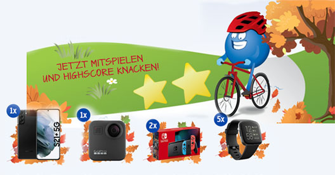 Herbst-Gewinnspiel: Fahrrad-Maskottchen, Preise wie Smartphone, Actionkamera, Handheld, Smartwatches