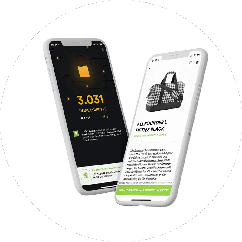 Loyalty-Plattform: Zwei Smartphone-Mockups mit dunklem Fitness-Tracker und hellem Shop-Interface