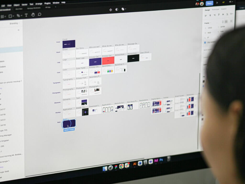 Monitor mit UI-Design-Artboards und Designer im Profil