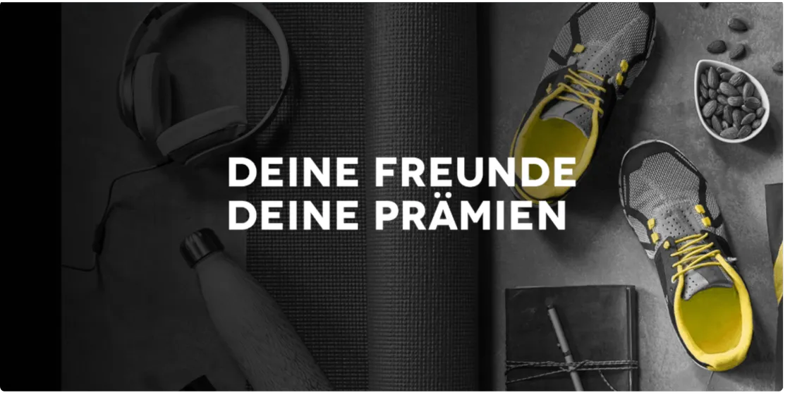 Fitness-Accessoires: gelbe Sportschuhe, Kopfhörer, Reise- und Lifestyle-Prämien