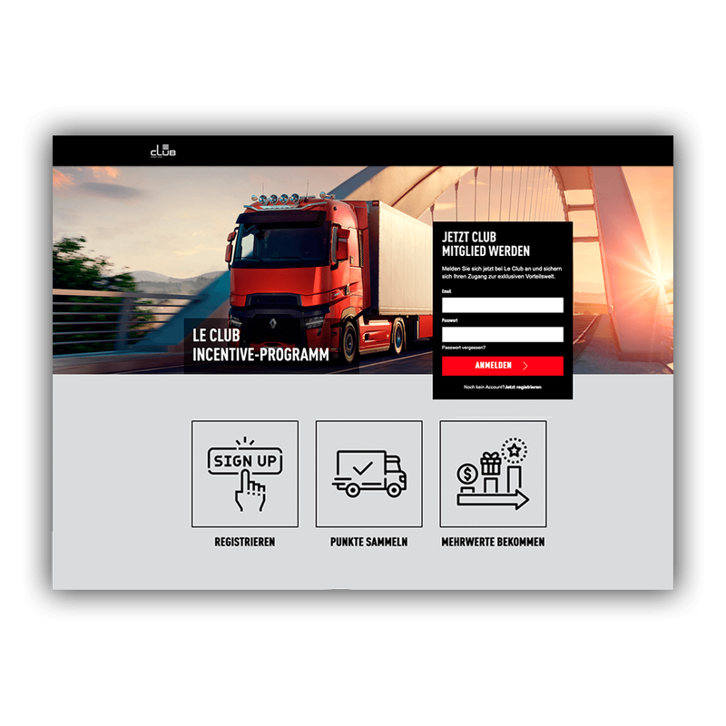 Landingpage von Le Club zur Anmeldung als LKW-Fahrer