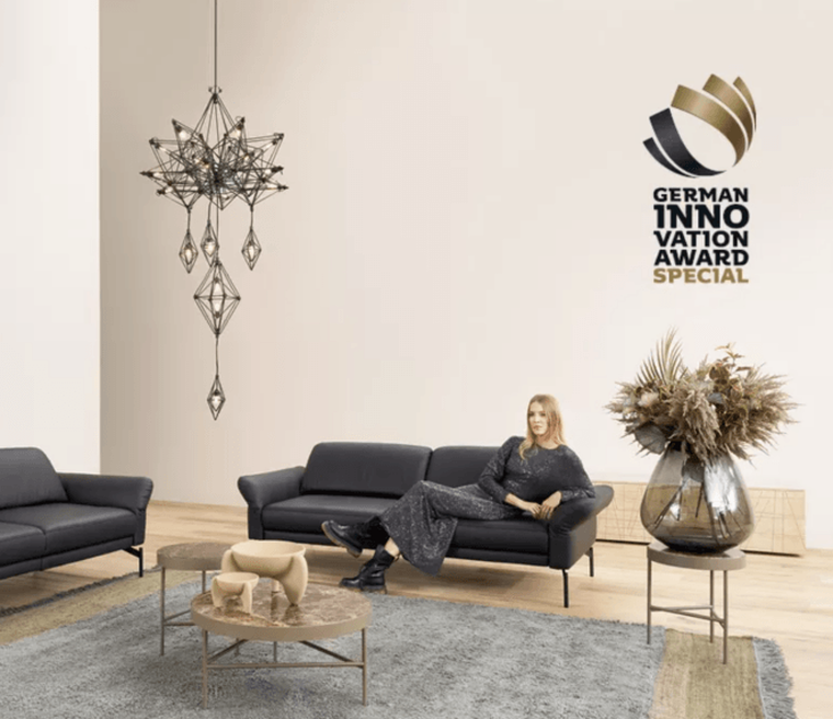 Modernes Wohnzimmer, Designer-Sofa und German Innovation Award-Logo