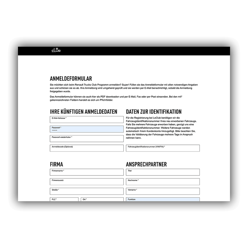 Le Club Registrierungsformular für Unternehmen und Ansprechpartner