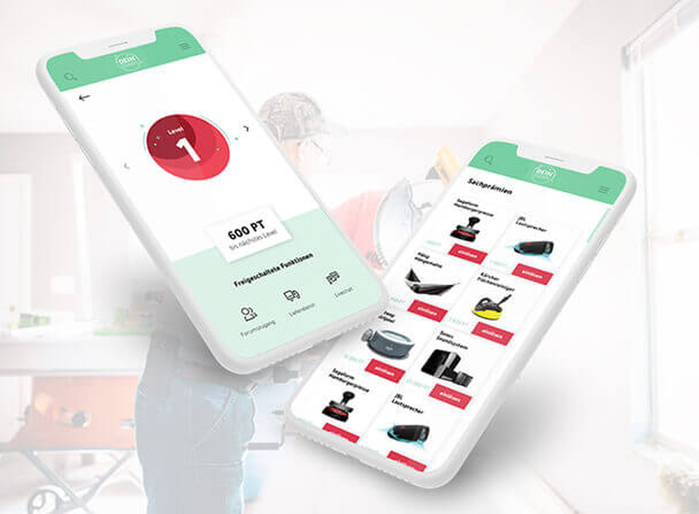 Smartphone‑Mockup: Staubsauger‑App mit Produktliste und Checkout im modernen Wohnambiente