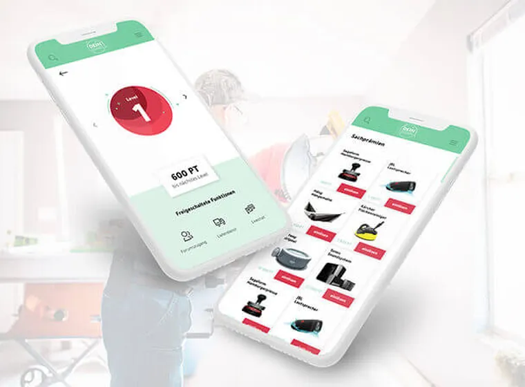 Smartphone‑Mockup: Staubsauger‑App mit Produktliste und Checkout im modernen Wohnambiente