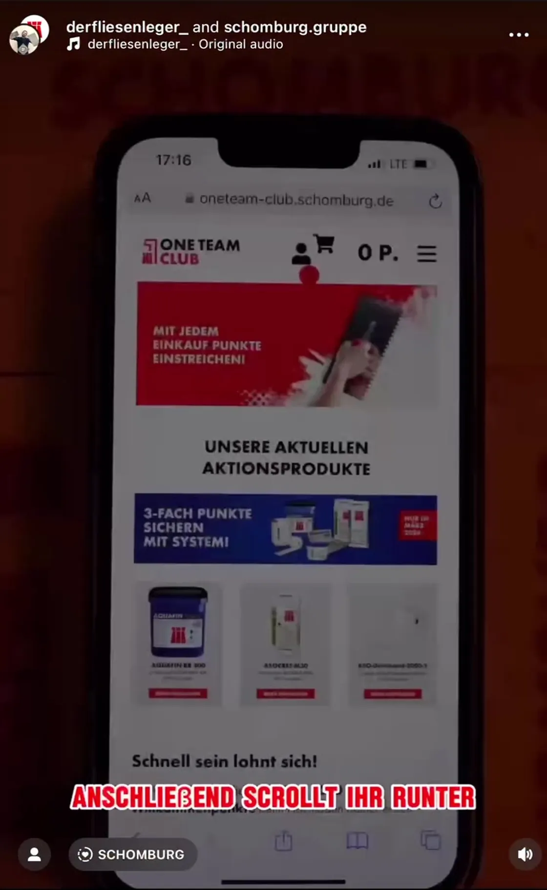 Schomburg ONE TEAM CLUB: Instagram-Reel mit dem Portal auf dem Smartphone