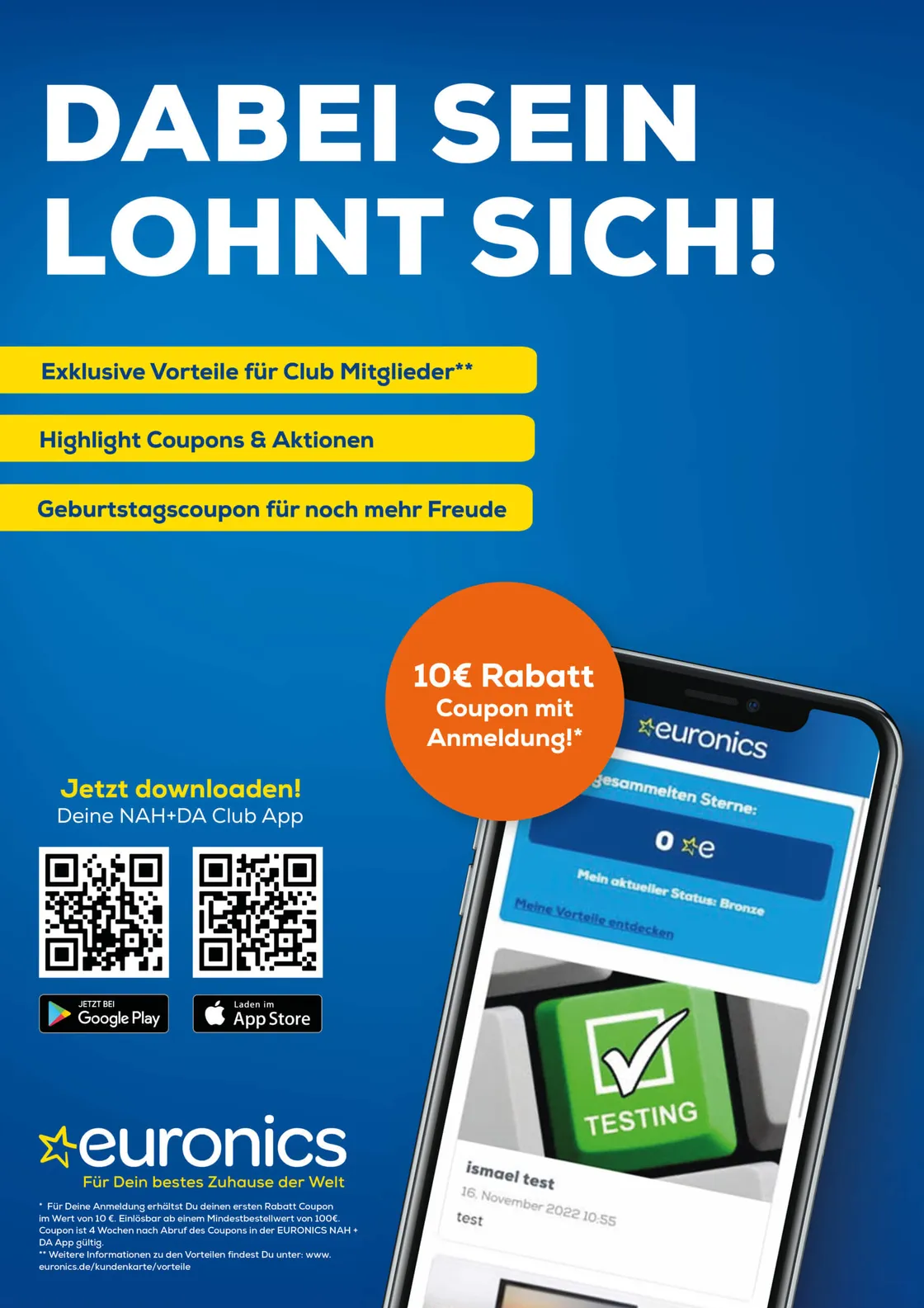 EURONICS NAH+DA Club – 10 € Rabatt, App per QR‑Code herunterladen