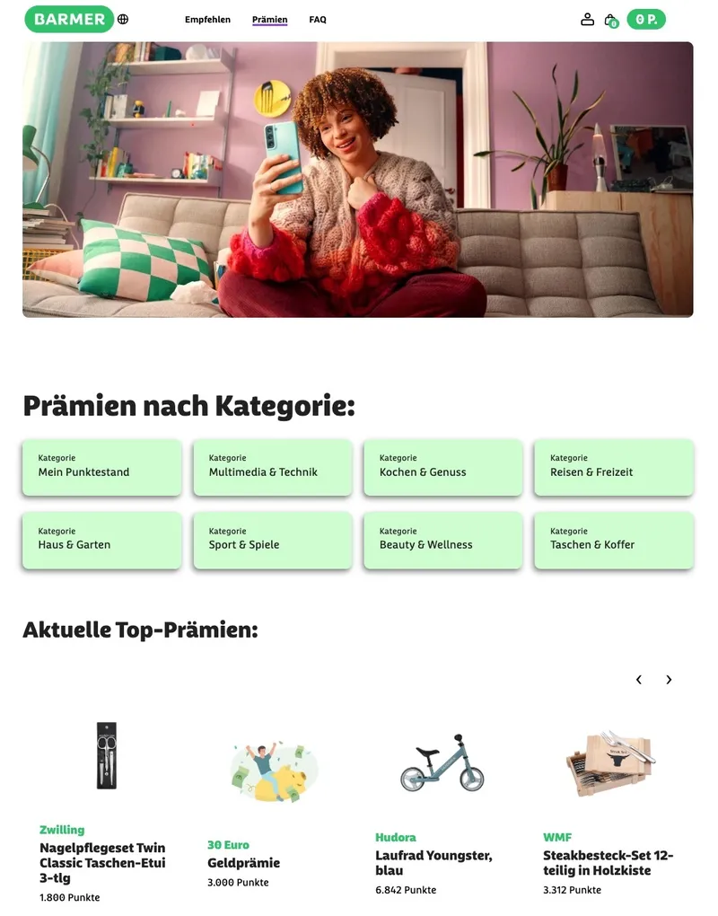 Prämienbereich von BARMER empfehlen mit Kategorien und aktuellen Top-Prämien