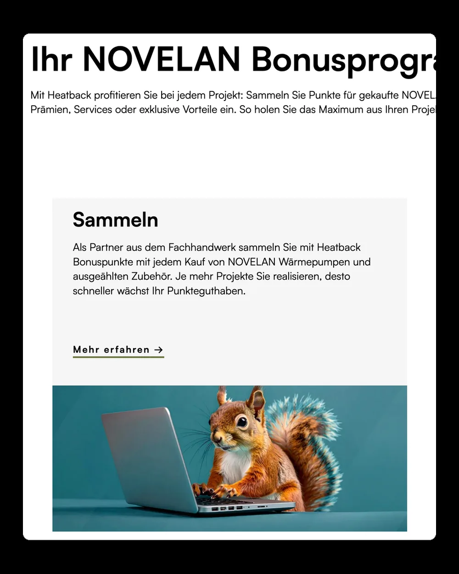 Startseite von Heatback mit den Bereichen Sammeln und Einlösen