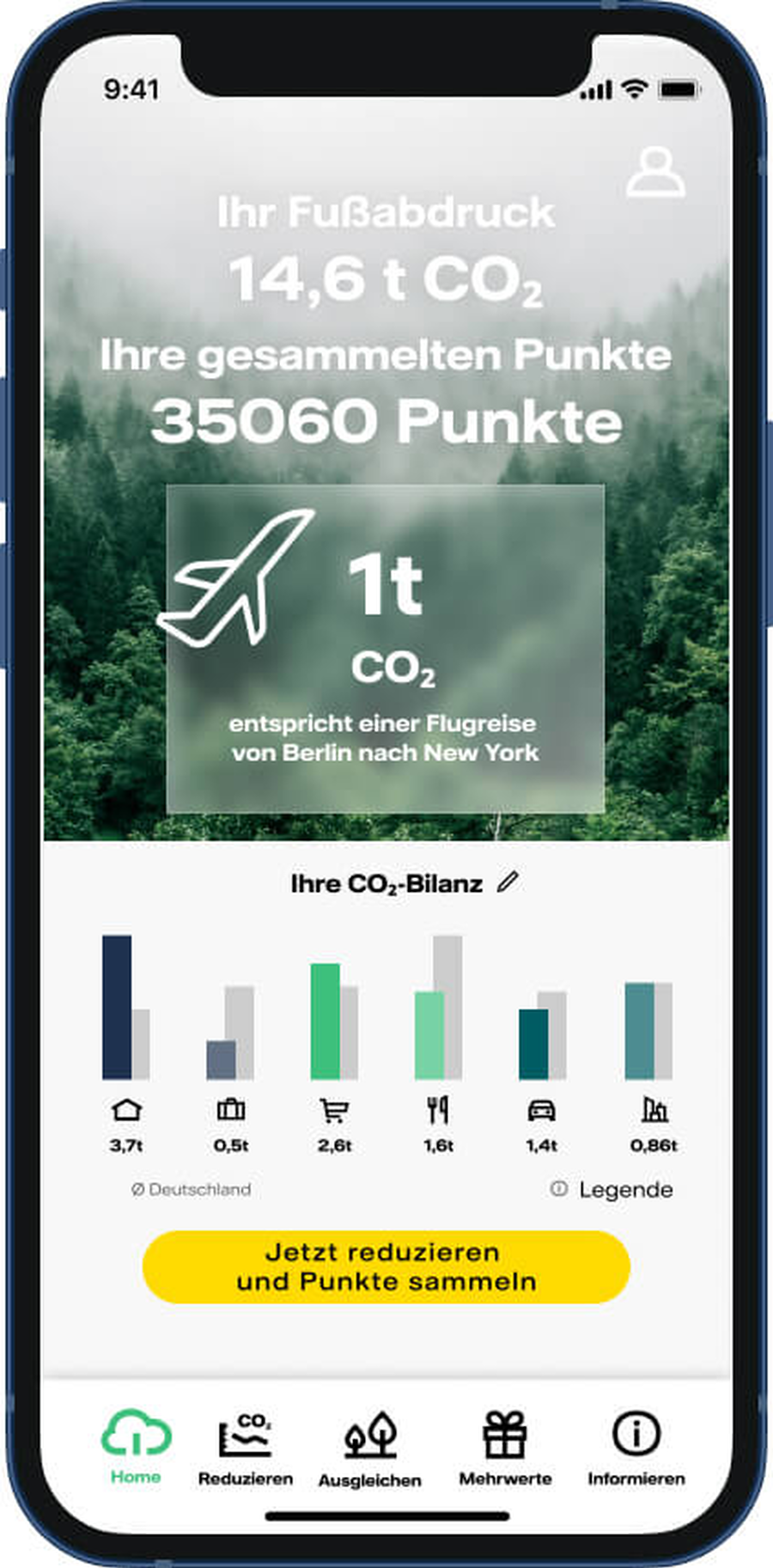 Naturate-App: CO2-Fußabdruck, Punktestand und CO2-Bilanz auf dem Smartphone
