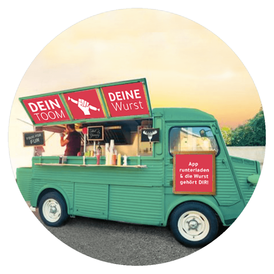 Mintgrüner Retro-Foodtruck mit App-Aufruf