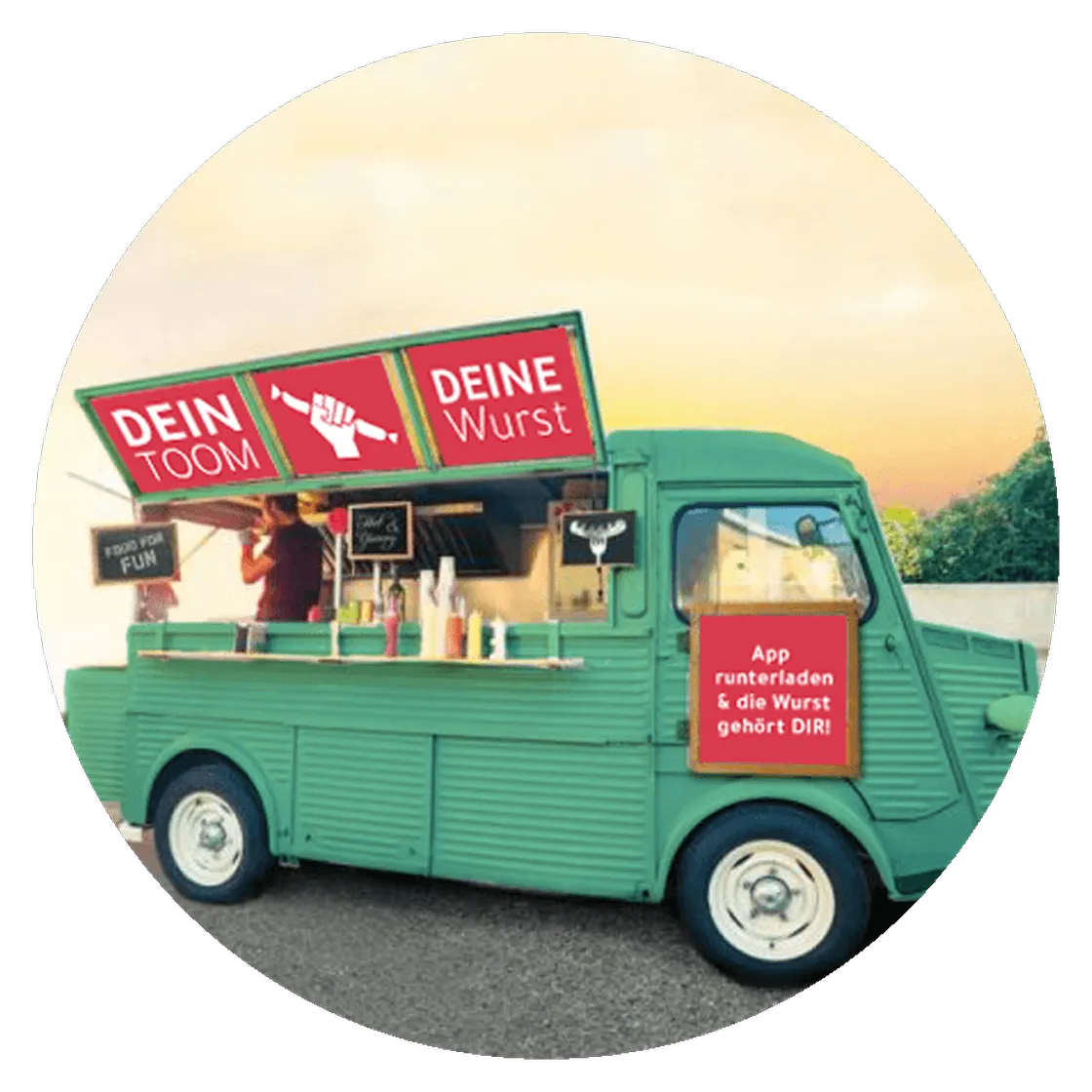 Mintgrüner Retro-Foodtruck mit App-Aufruf