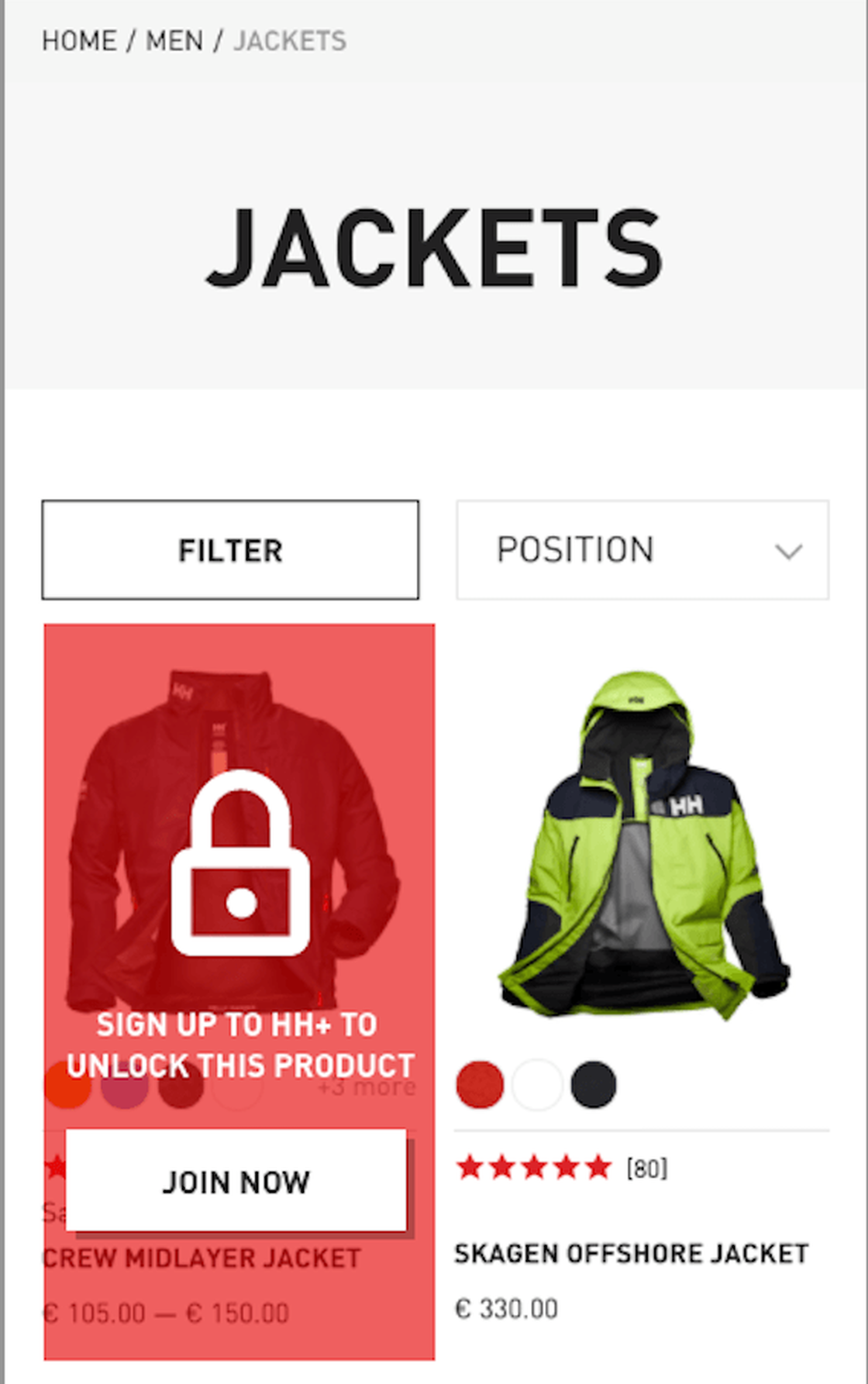 Herrenjacken-Kategorieseite mit Produkten nur für Mitglieder