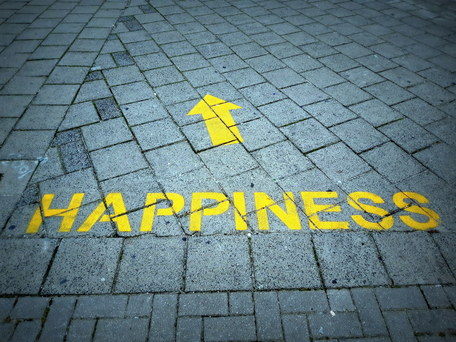 Gelber Pfeil und Schriftzug Happiness auf Pflastersteinen