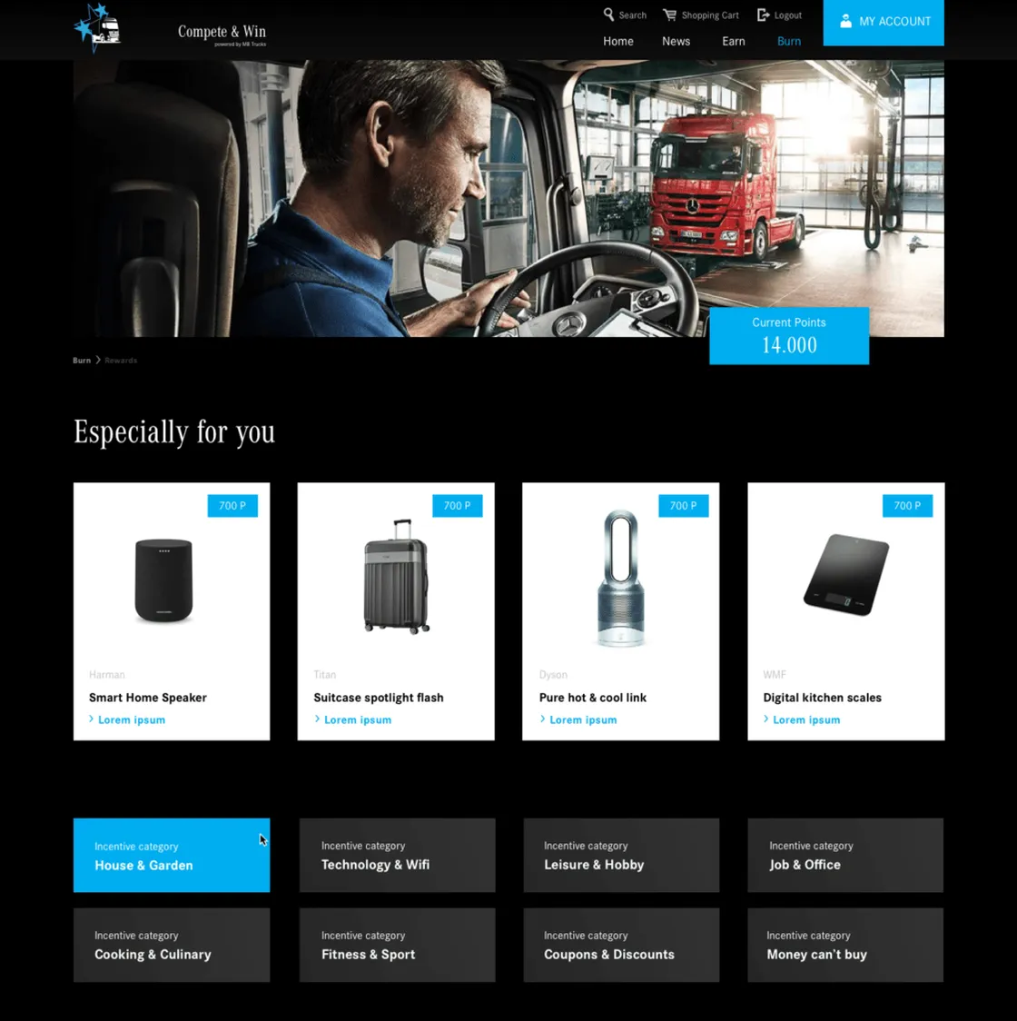 Frontend des Prämienshops mit Sachprämien im Daimler-Design