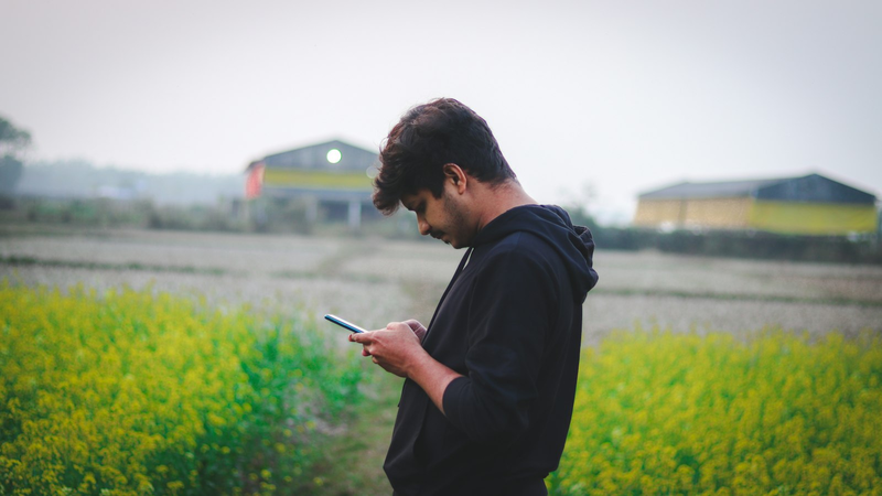 Mann steht auf einem Feld und schaut auf sein Smartphone