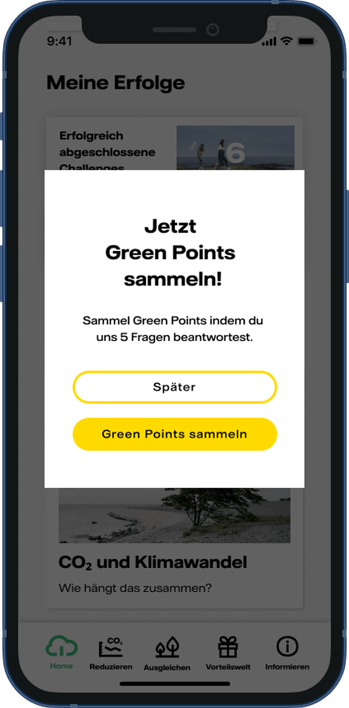 In-App-Dialog: 5 Fragen beantworten und Green Points sammeln