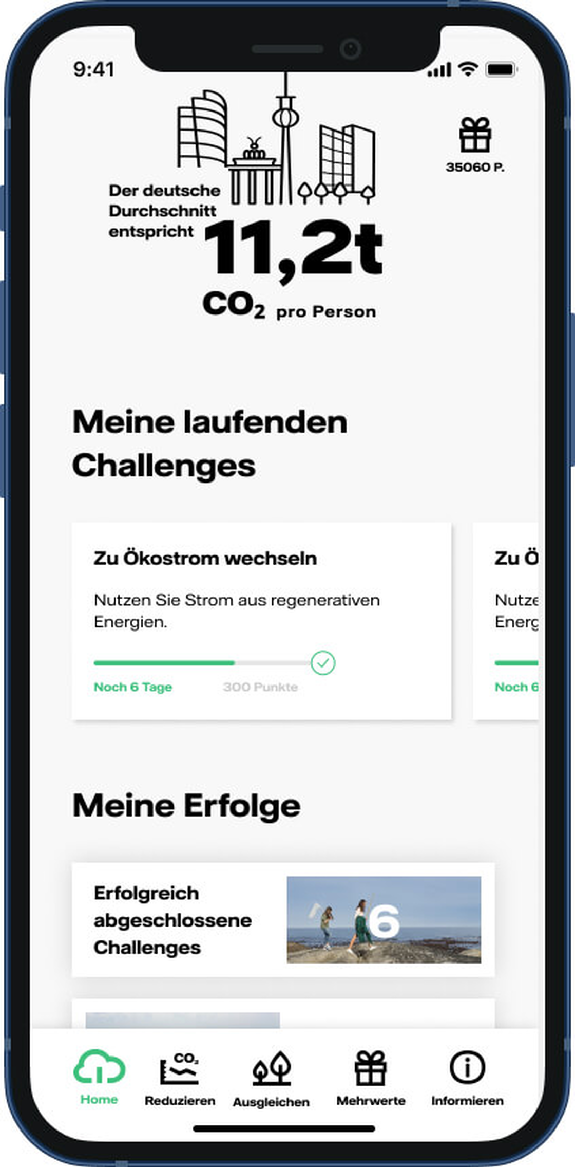 Naturate-App: Startscreen mit CO2-Durchschnitt und laufenden Challenges