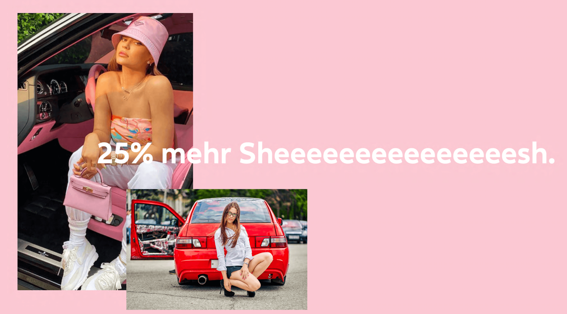 Pinke Mode-Collage mit Model, Retro-Auto und Schriftzug 25 % mehr Sheesh