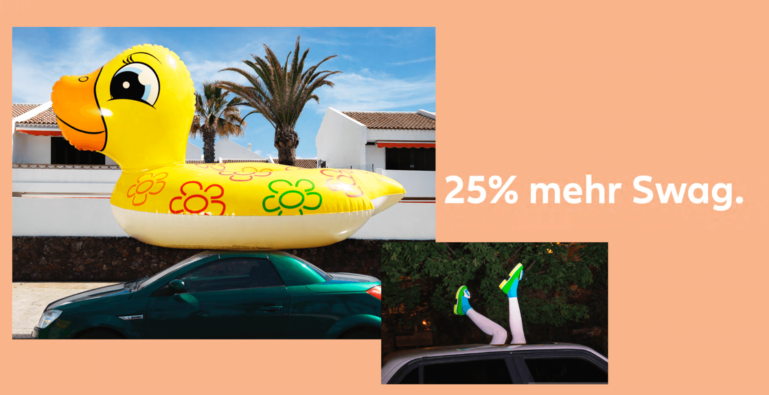 Riesige gelbe Badeente in Sommer-Collage mit Auto und 25 % Rabatt