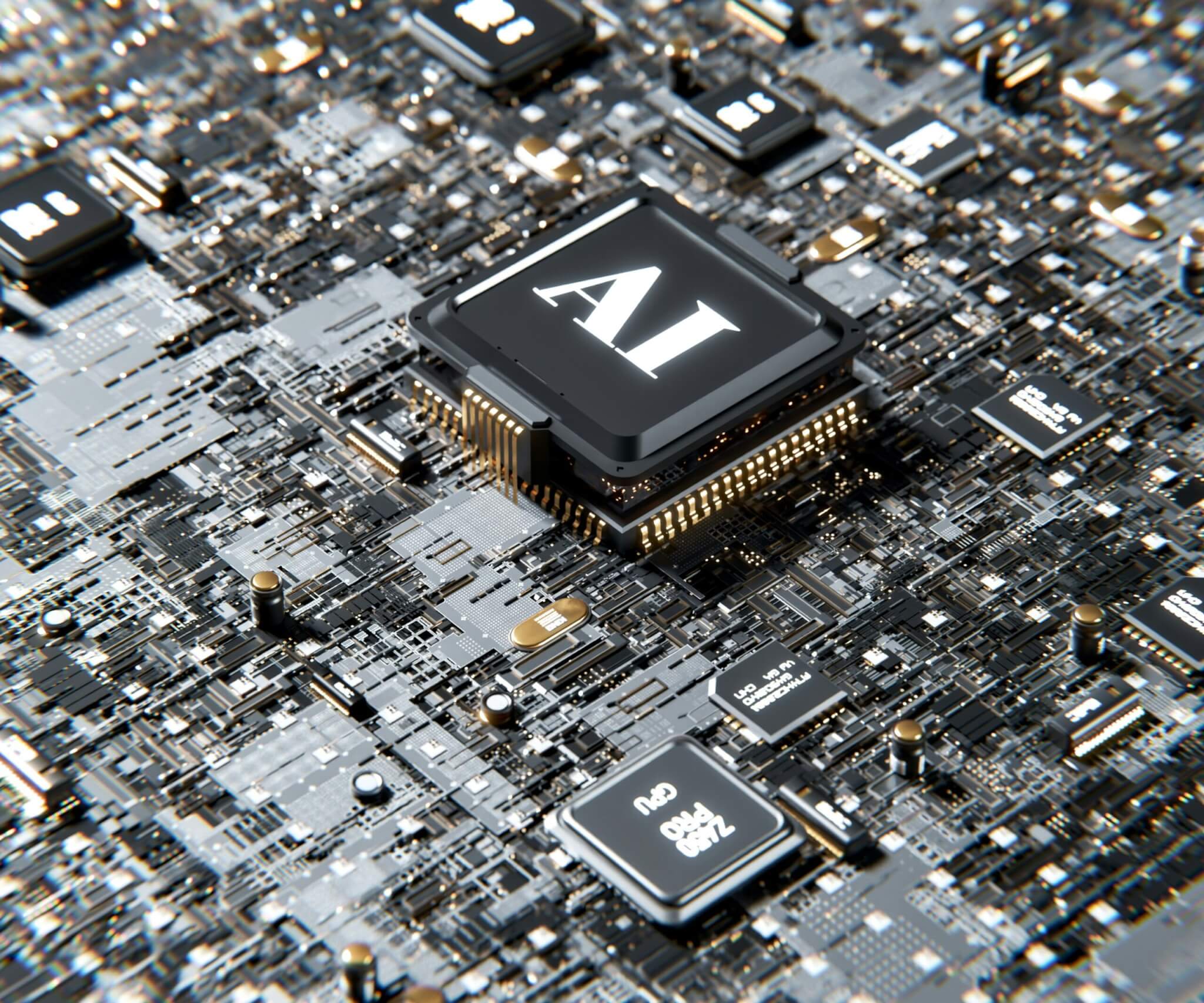 Computerchip mit der Aufschrift AI auf einer Platine