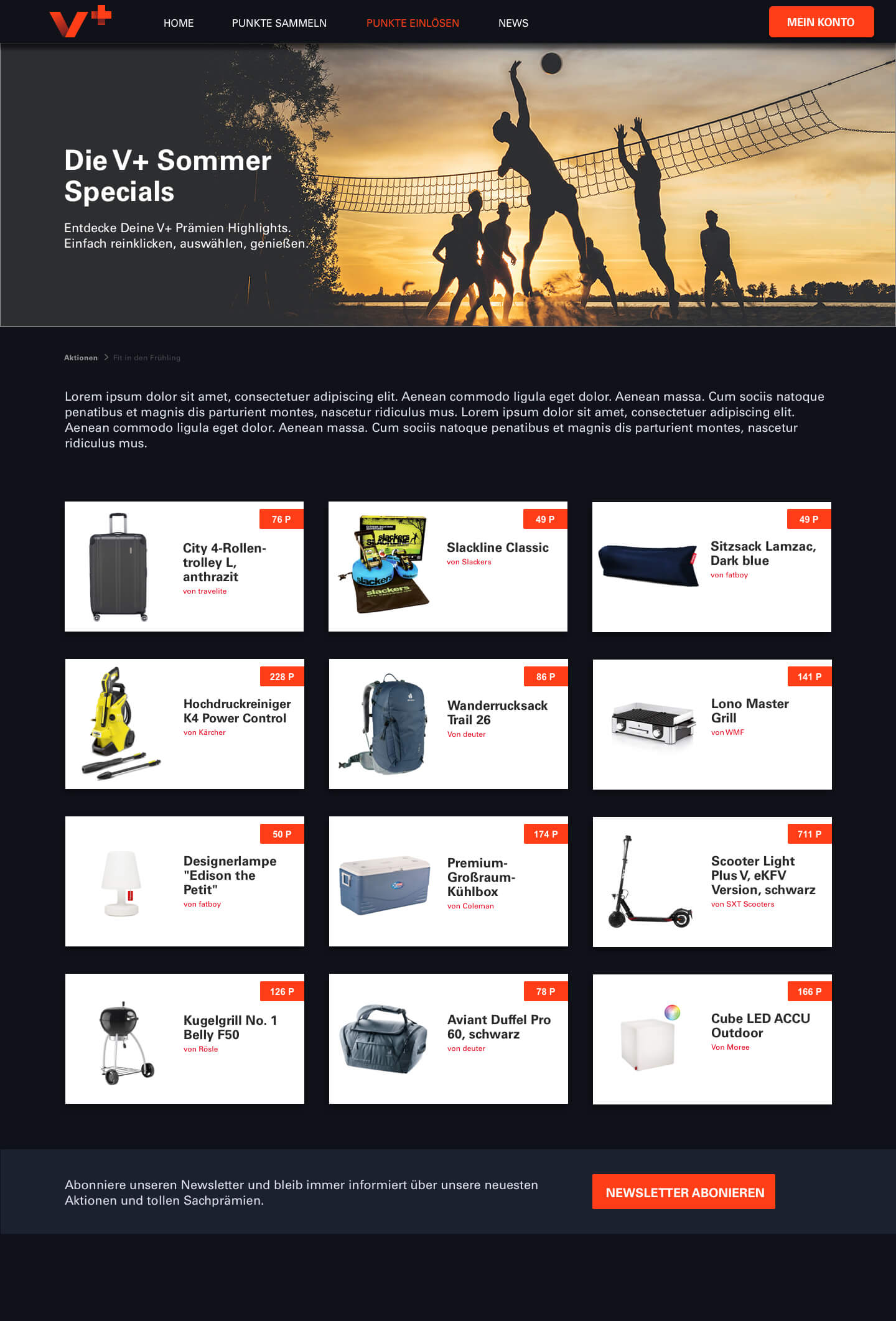 Sommer-Specials: Outdoor- und Technik-Angebote mit Strandbild und Rabatt-Badges