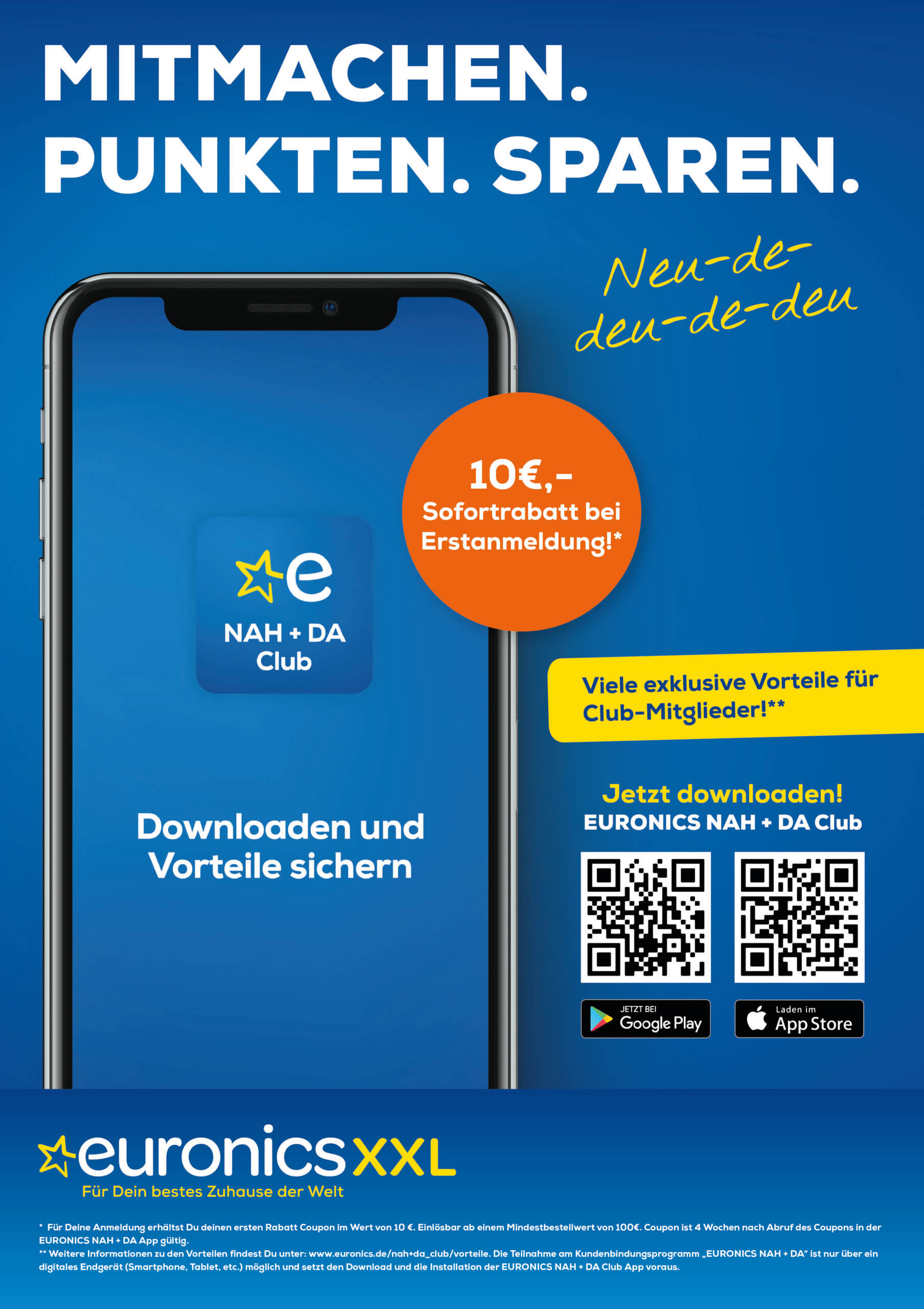 Erfolgreiche Loyalty-App NAH+DA Club – 10€ Sofortbonus, App-Download per QR‑Code.