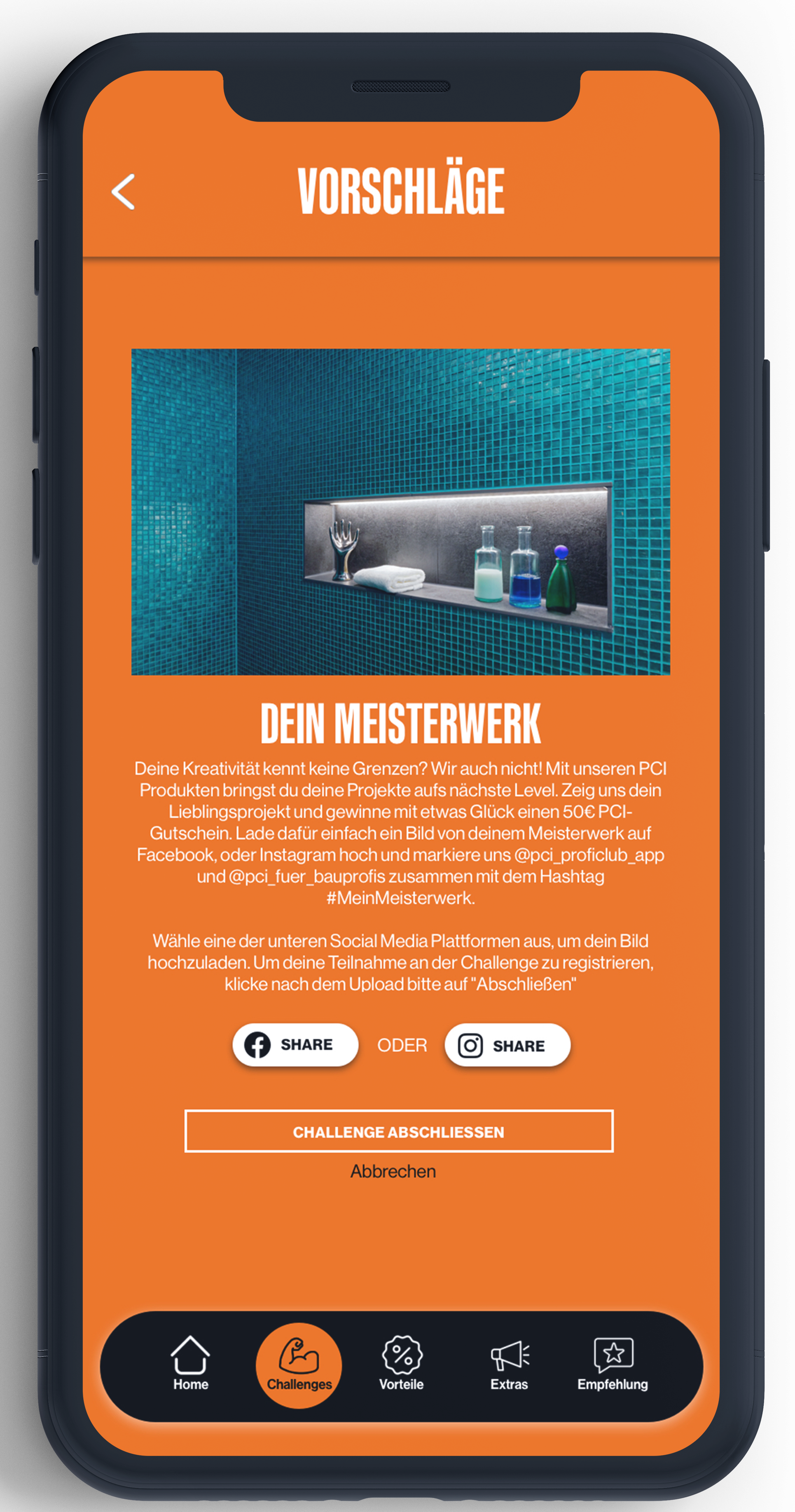 Vorschläge-App: Modernes Mobile UI mit türkisem Wandbild und Aktionsbuttons