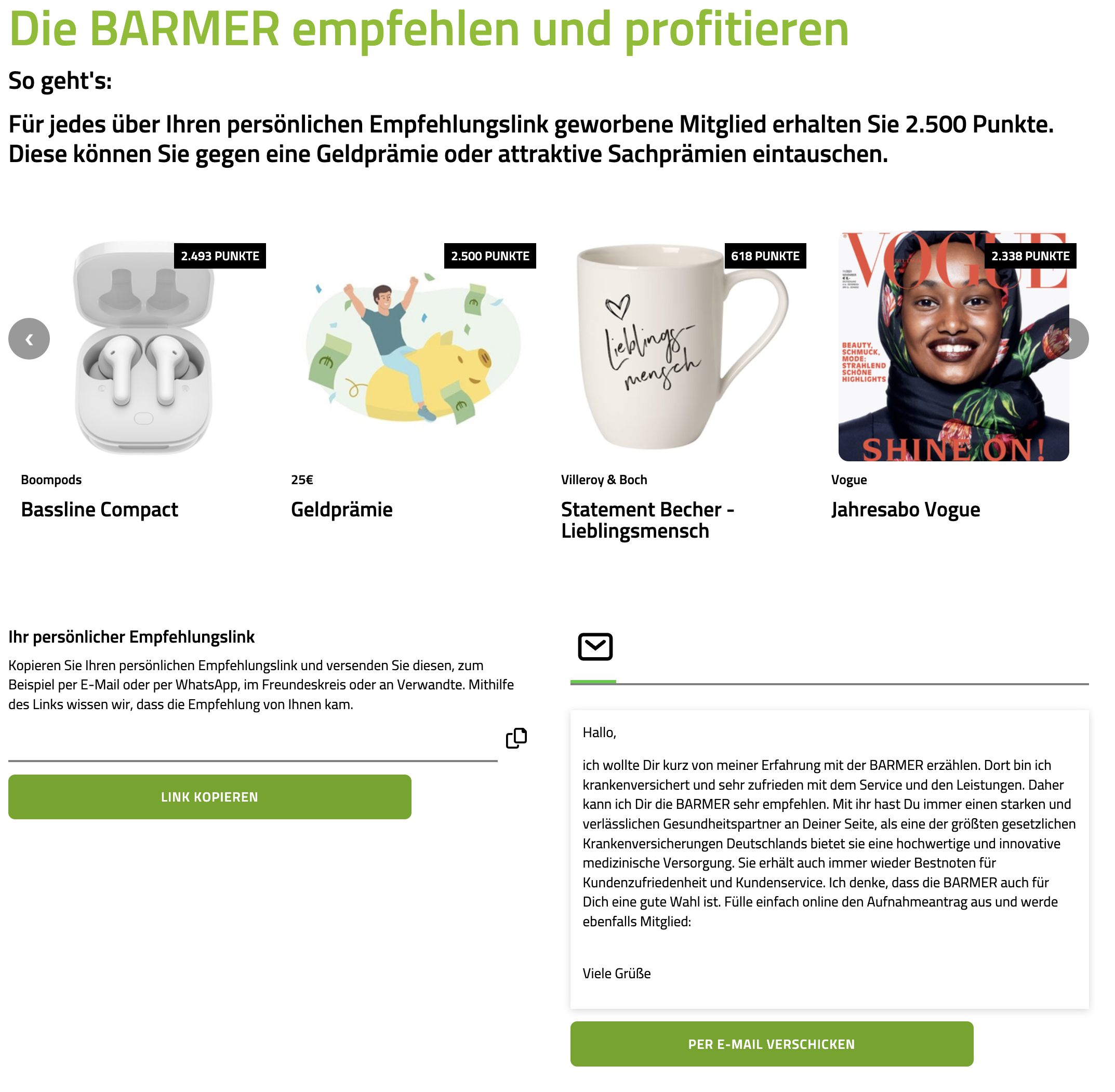 BARMER Empfehlungsprogramm: 2.500 Punkte für Prämien, Link teilen oder per E‑Mail verschicken