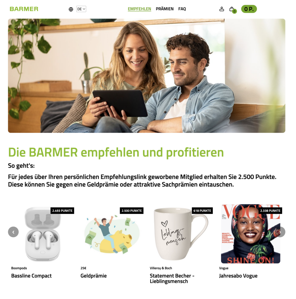 Bildschirmfoto einer Loyalty-Programm-Oberfläche mit verschiedenen Optionen und Nutzerinformationen