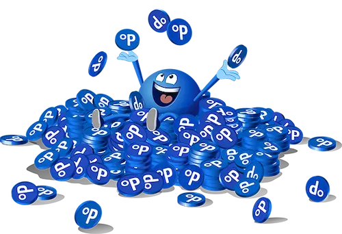Jubelndes blaues Maskottchen auf Haufen blauer Tokens