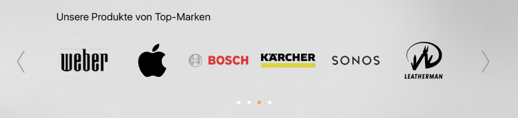 Top‑Marken-Slider mit Partnerlogos: Weber, Apple, Bosch, Kärcher, Sonos, Liebherr